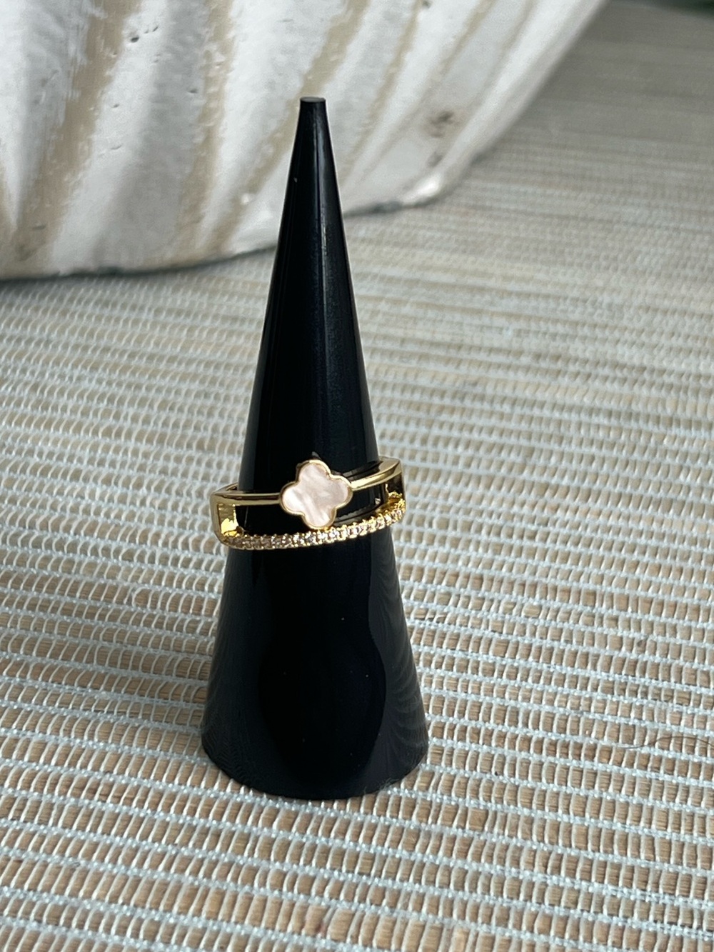 Adjustable Gold-tone Pink Mother-of-Pearl Clover with pavé layer  Ring